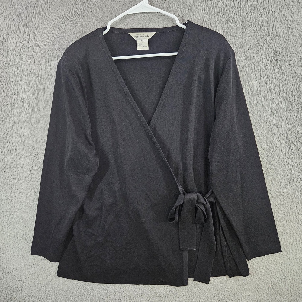 Exclusively Misook Black Knit Wrap Top Long Sleeve V-Neck Side Tie Medium